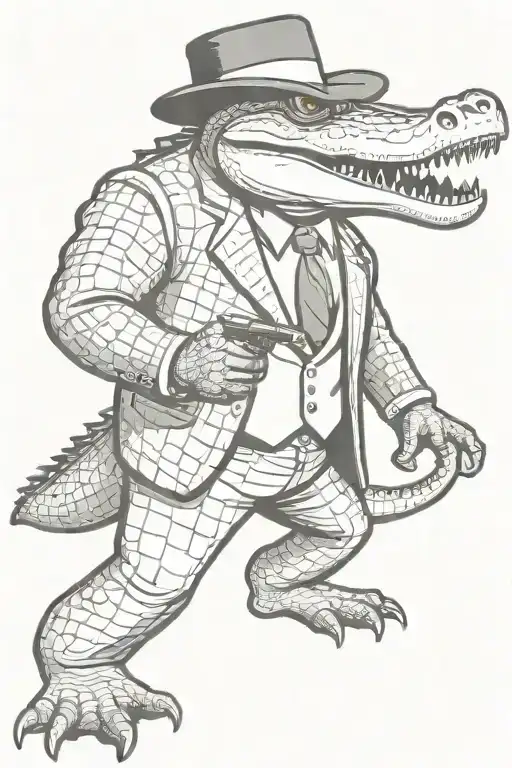 mobster alligator full body standing up straight holding a rifle tattoo design idea