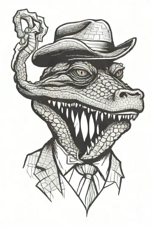 portrait of an alligator wearing a suit and mafia fedora with a cigar in his teeth tattoo design idea
