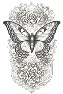 butterfly with eagle eyes surrounded by flowers add a ribbon for a name tattoo design idea