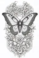 butterfly with eagle eyes surrounded by flowers add a ribbon for a name tattoo design idea