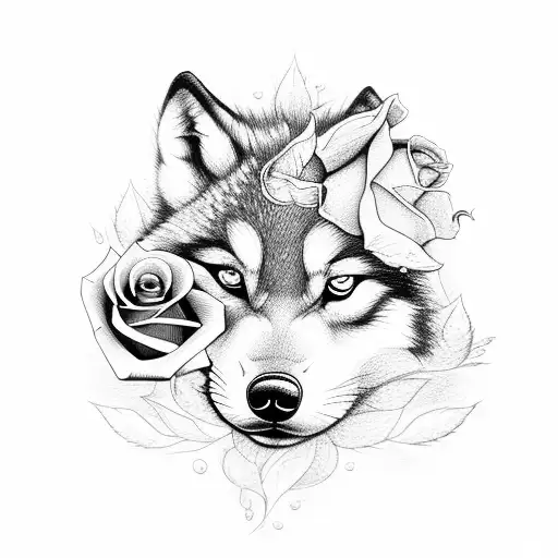 baby wolf with roses tattoo design idea