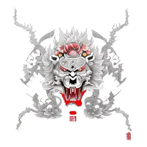 Samurai,flowers, smoke,  color,  blood moon  tattoo design idea