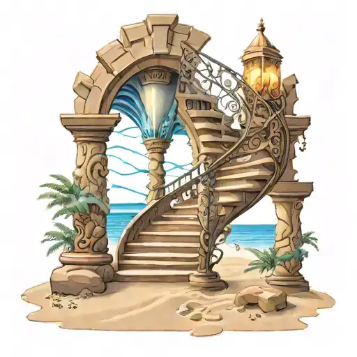 spiral staircase around hourglass with sand wolf  tattoo design idea