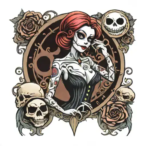 Sexy alluring busty pin up Sally with Jack Skellington tattoo design idea