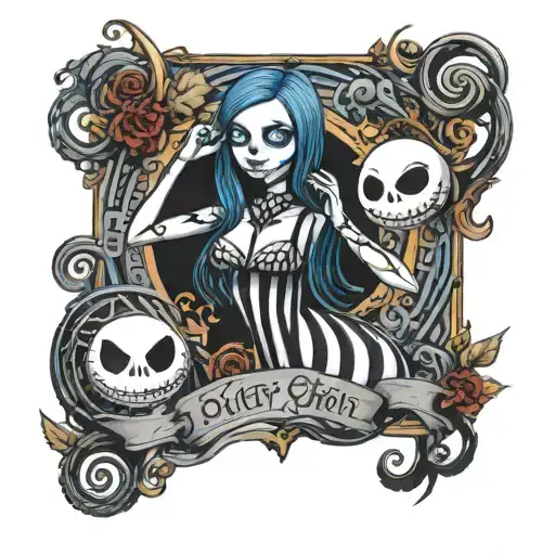Sexy alluring busty pin up Sally with Jack Skellington tattoo design idea