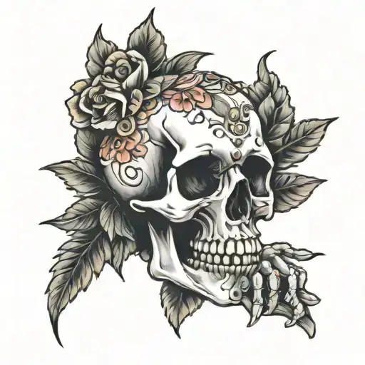 skull hand holding bouquet of flowers tattoo design idea