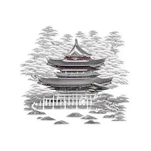 Japanese temple with Japanese trees and geishas tattoo design idea