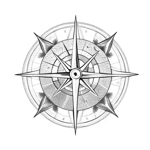palm tree with compass underneath, waves,  tattoo design idea