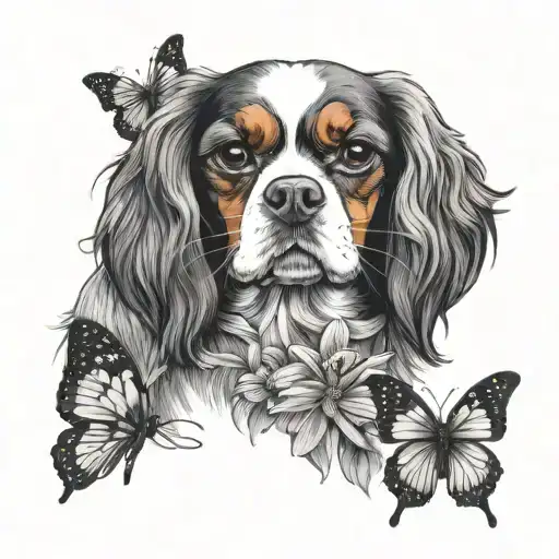 cavalier king charles spaniel in lavender and daisy with flying butterflies tattoo design idea