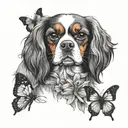 cavalier king charles spaniel in lavender and daisy with flying butterflies tattoo design idea