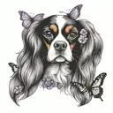 cavalier king charles spaniel in lavender and daisy with flying butterflies tattoo design idea