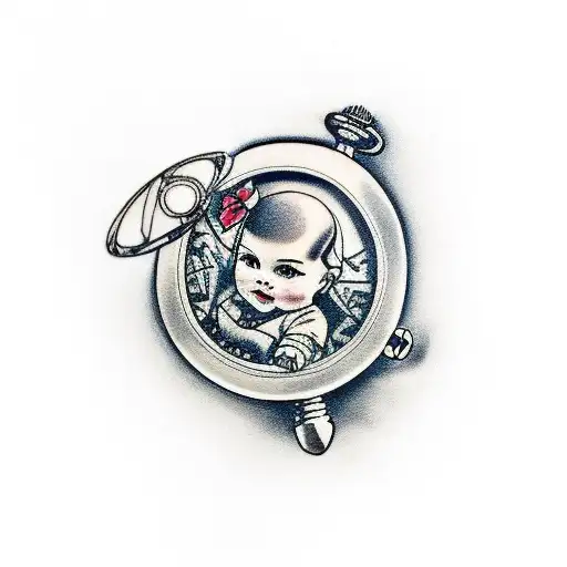 A traditional style tattoo depicting a child holding a pocket watch, symbolizing the precious moments shared between a father and child tattoo design idea