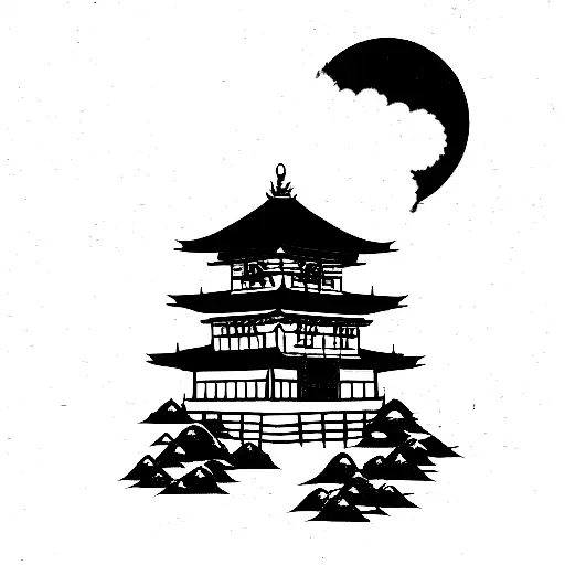 Japanese castles with goku vegeta and broly fighting 80s vibe night time with moon. Anime and sake  tattoo design idea