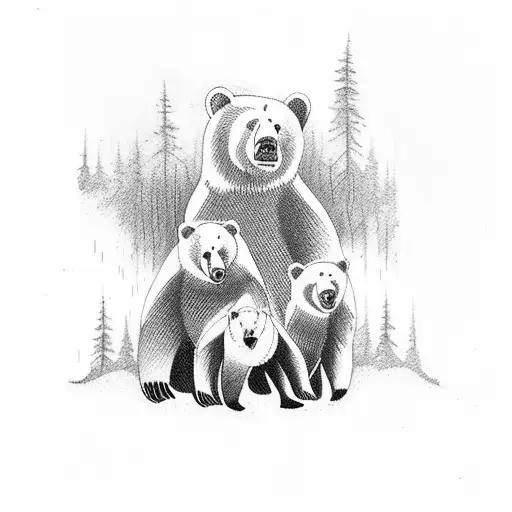 A bear family hunting in a forest tattoo design idea