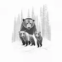 A bear family hunting in a forest tattoo design idea