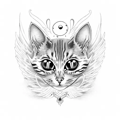 A demonic cat with three eyes and wings tattoo design idea