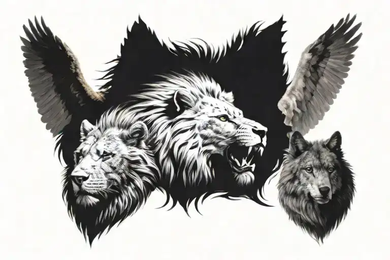 Lion head looking left and mean, an eagle head in the middle and looking pissed off, and a wolf head looking right mean. tattoo design idea