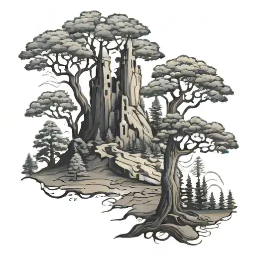 An abstract design combining the strength of a redwood tree with the elegance of Walt Disney's iconic castle tattoo design idea