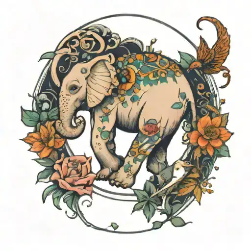 leaves, flowers, fish, elephant, lioness, dragonfly, moon phases, four legs tattoo design idea