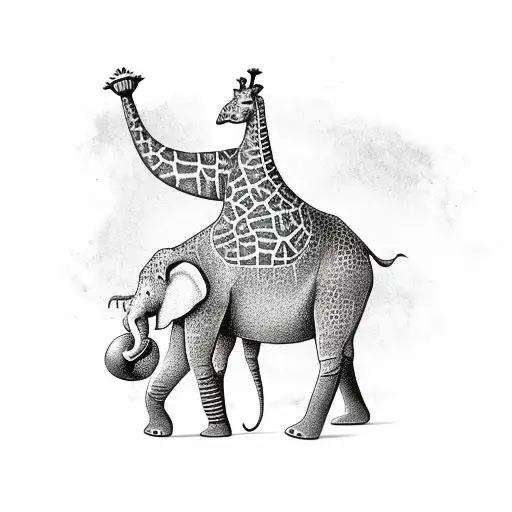 giraffe standing on an elephant with boxing gloves on its trunk  tattoo design idea