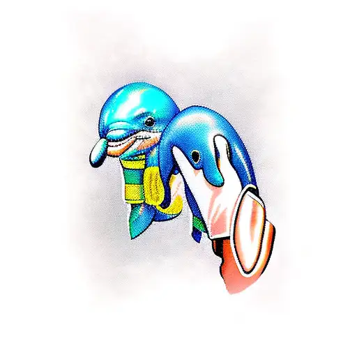 dolphin with boxing gloves with maya Asha and Kiran written ins a skirt tattoo design idea