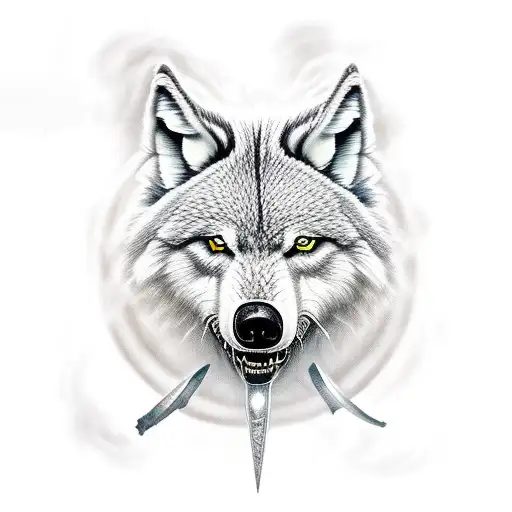 lobo alpha adulto com metade da cara na sombra e ao fundo imagens celtas  tattoo design idea