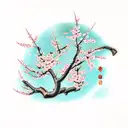 cherry blossom with chinese words as trunk tattoo design idea