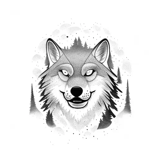 pine trees moon wolf  tattoo design idea