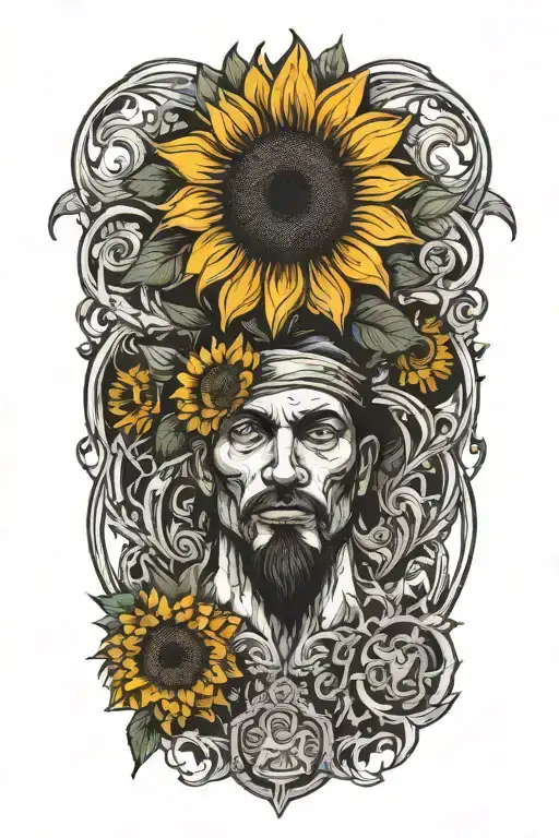 apocalyptic man holding a sunflower  tattoo design idea