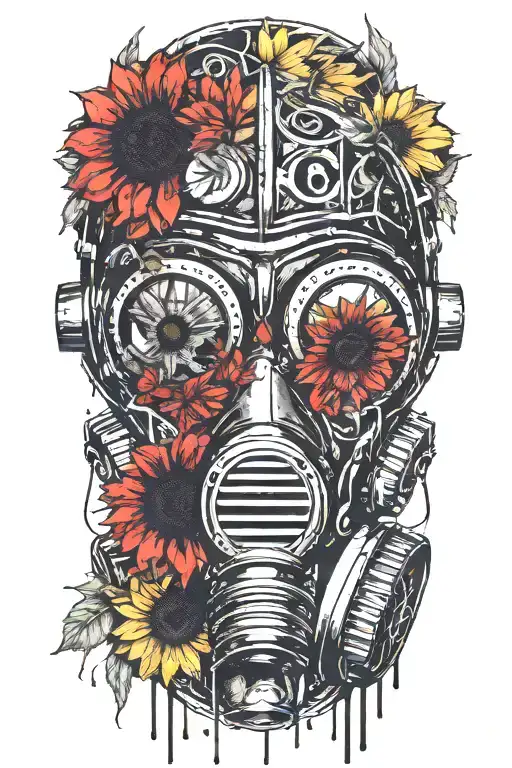 gas mask  man holding a sunflower  tattoo design idea