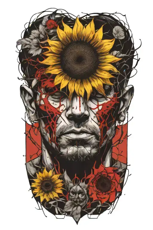 apocalyptic man holding a sunflower  tattoo design idea