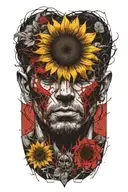 apocalyptic man holding a sunflower  tattoo design idea