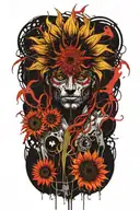 apocalyptic man holding a sunflower  tattoo design idea