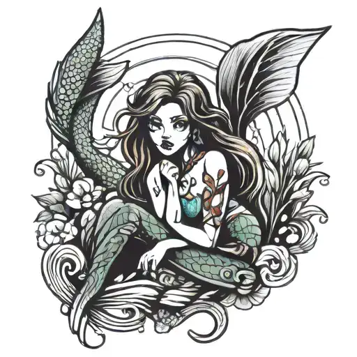 mermaid sitting on a rock tattoo design idea