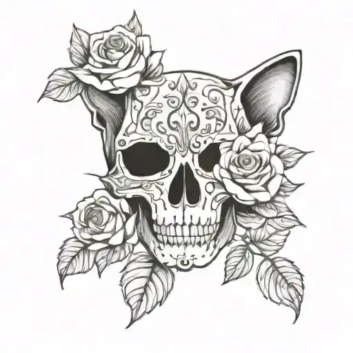cat skull with roses tattoo design idea