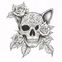 cat skull with roses tattoo design idea