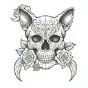 cat skull with roses tattoo design idea