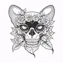 cat skull with roses tattoo design idea