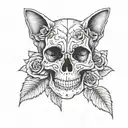 cat skull with roses tattoo design idea