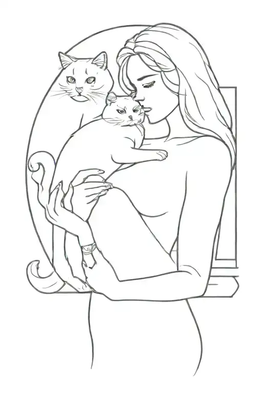 I want a black and white tattoo design with a beautiful and chubby sexy girl and a Persian cat in her hands. tattoo design idea