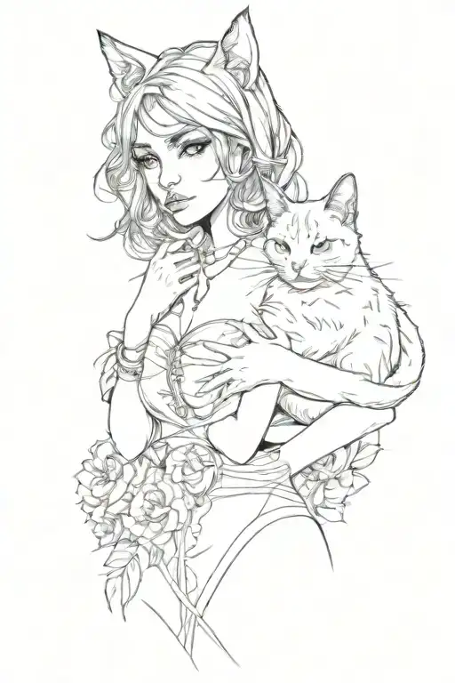  I want a black and white tattoo design with a beautiful and chubby sexy girl and a cat in her hands tattoo design idea