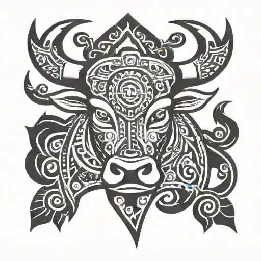 simple Bull Head polynesian with 3 stars and sun front view tattoo design idea