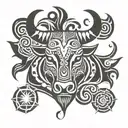 simple Bull Head polynesian with 3 stars and sun front view tattoo design idea