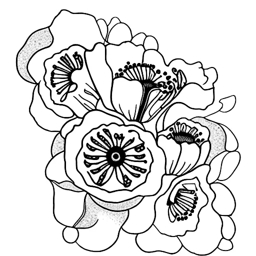 Create a line tattoo of a womans profile with the following flowers in her hair, Primrose, water Lilly, poppy, and aster tattoo design idea
