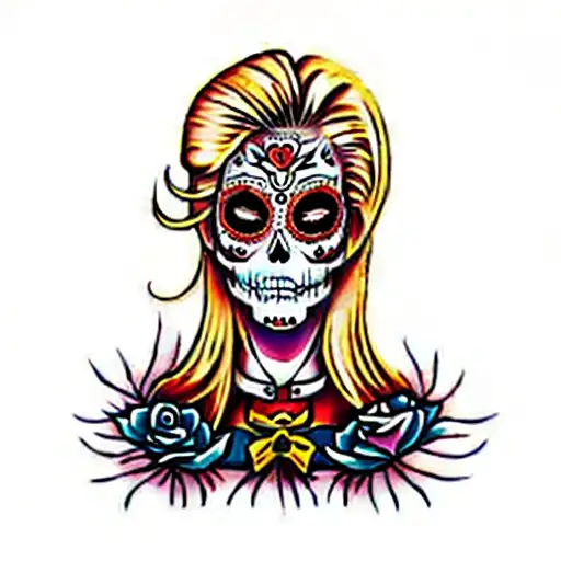 a woman with blond hair add day of the dead make up  tattoo design idea