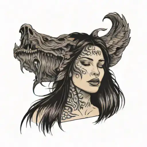 white woman, long straight wet brown hair, tongue sticked out, closed eyes tattoo design idea