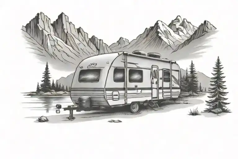 travel trailer camping lake surrounded by mountains camp fire tattoo design idea