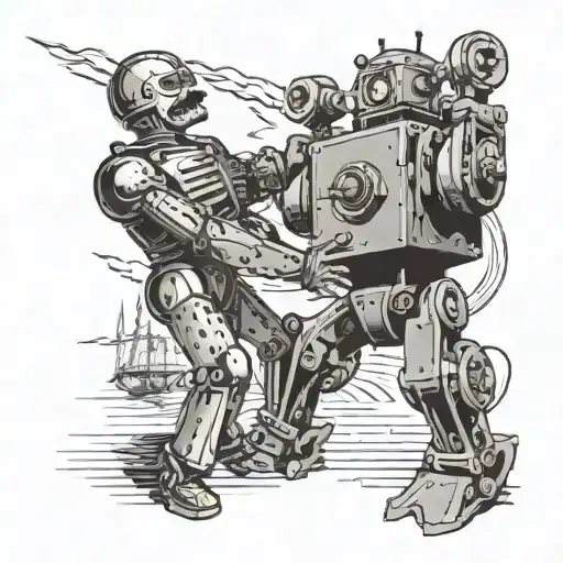 a man with a mustache fights against an iron robot that came at him from above tattoo design idea