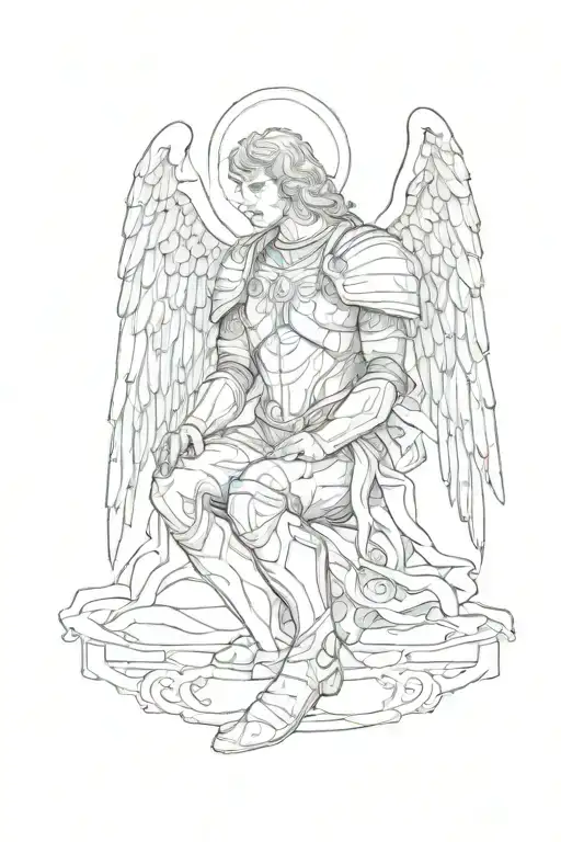 Archangel Michael on one knee. Description of Michael: stern face, athletic body, dressed in anci tattoo design idea