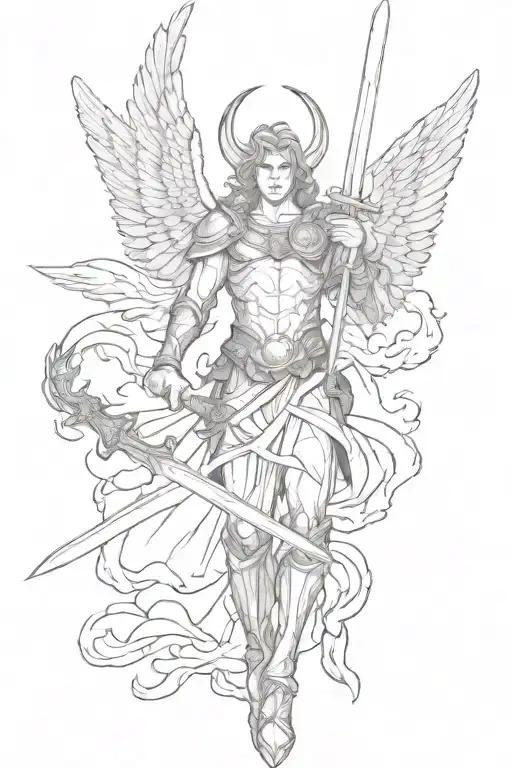 Archangel Michael kills Lucifer with a sword of fire. Description of Michael: stern face, athletic body, dressed in anci tattoo design idea